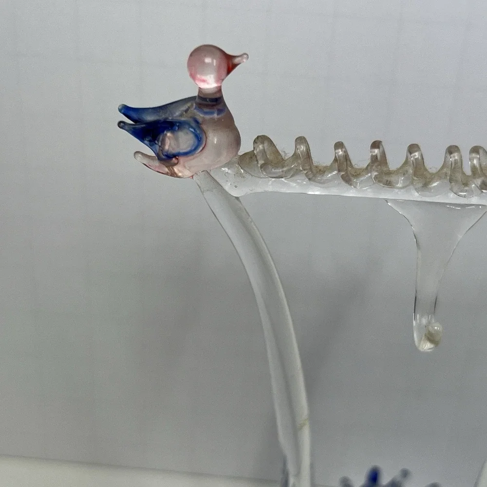 Vintage Acrylic Bird Sculpture Clear Blue Pink Perch 5.5